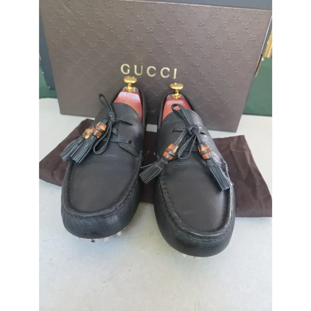 GUCCI Loafers Leather Shoes Laces Tassels Bamboo Navy Men's Size UK 8 Us8.5